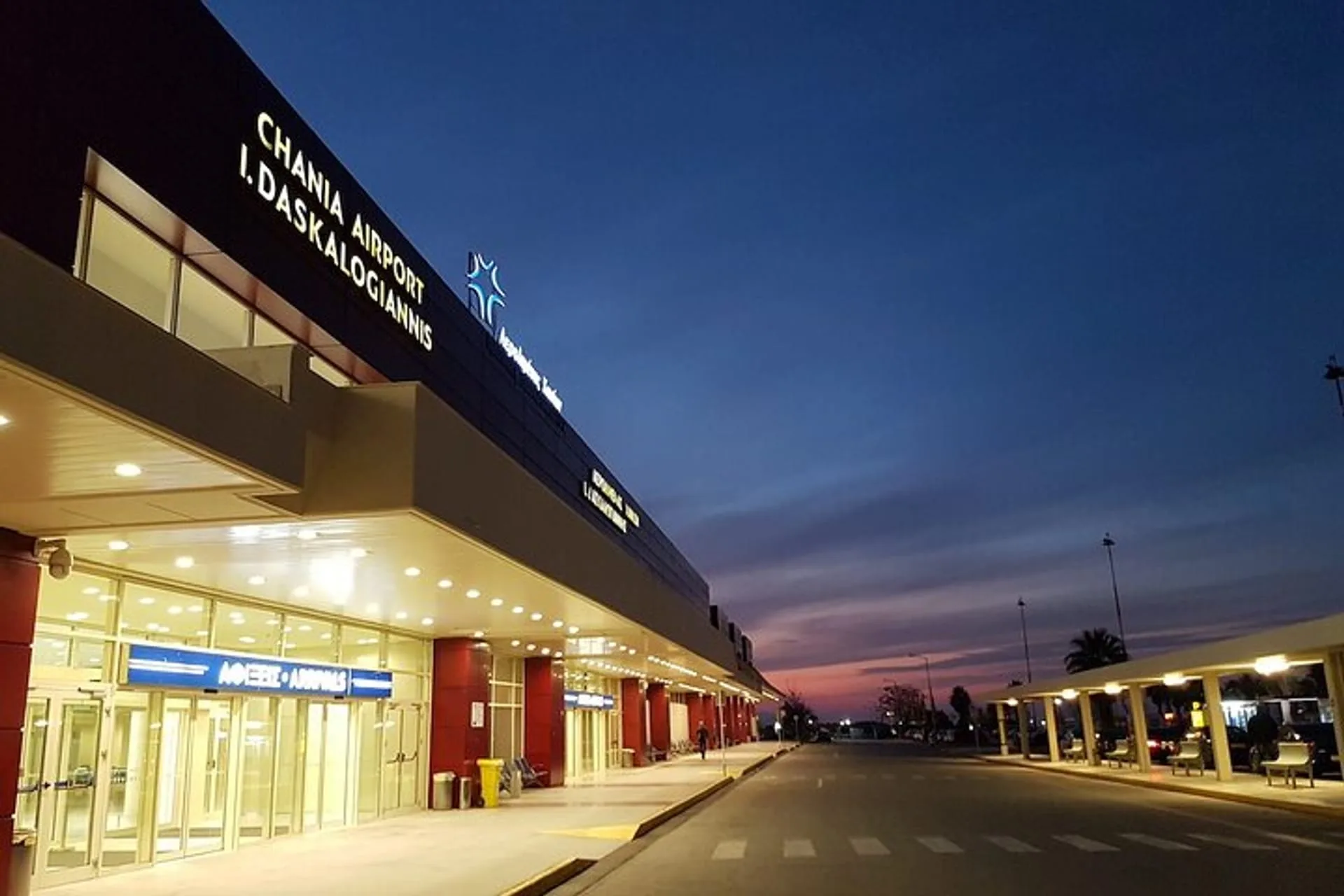 Chania Airport terminal at dusk, Crete, Greece