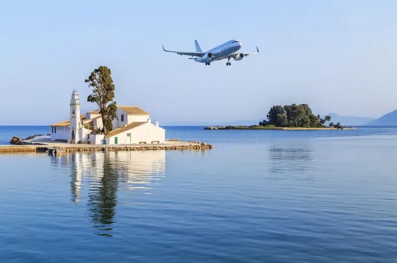 Aircraft approaching Corfu Airport over the Ionian Sea, Greece
