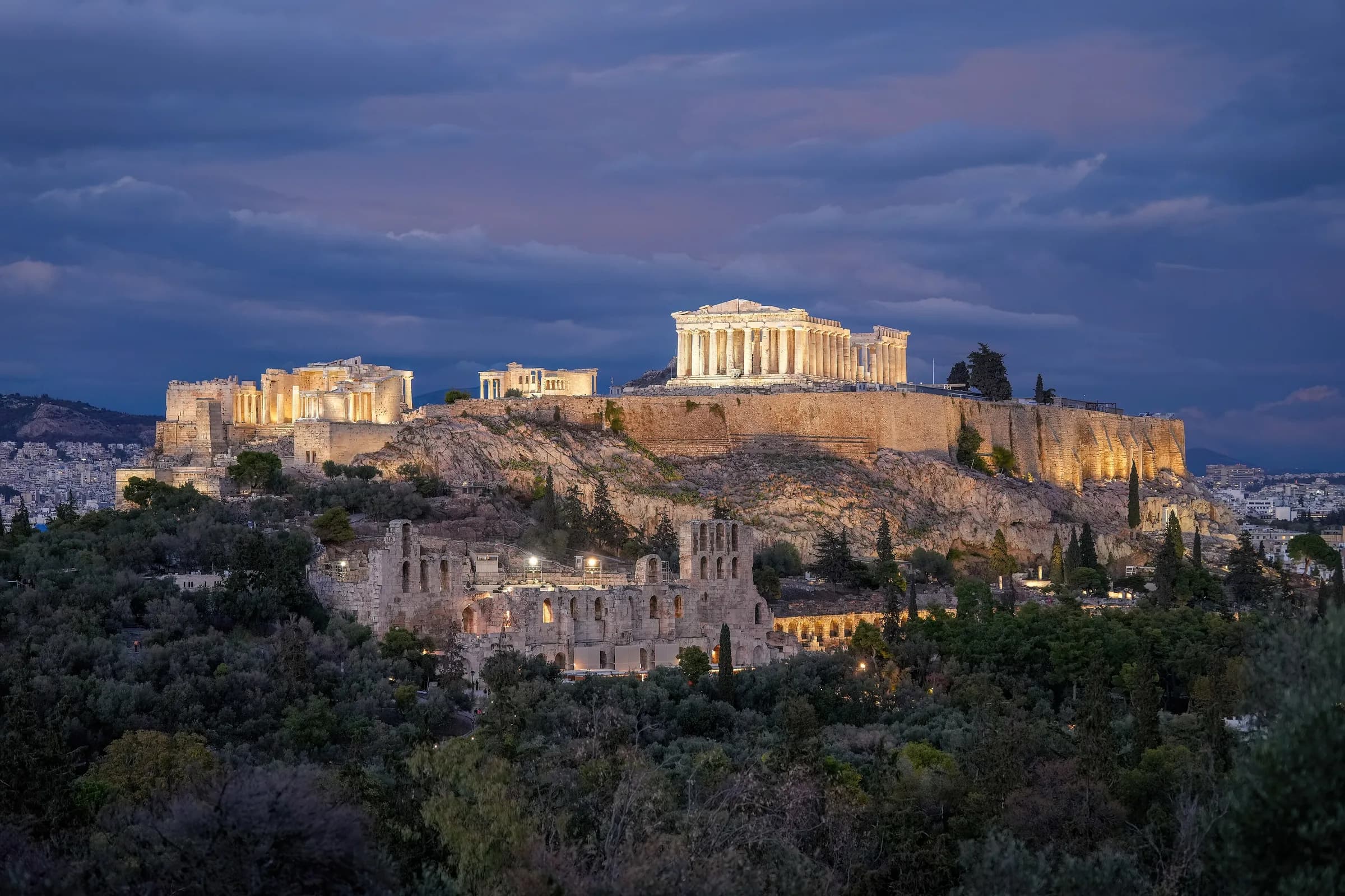 The Acropolis of Athens illuminated at night, Greece