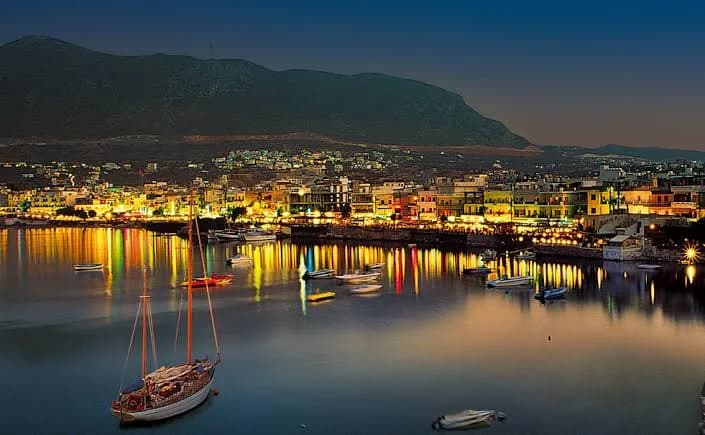 Harbourfront of Heraklion illuminated at night, Crete, Greece