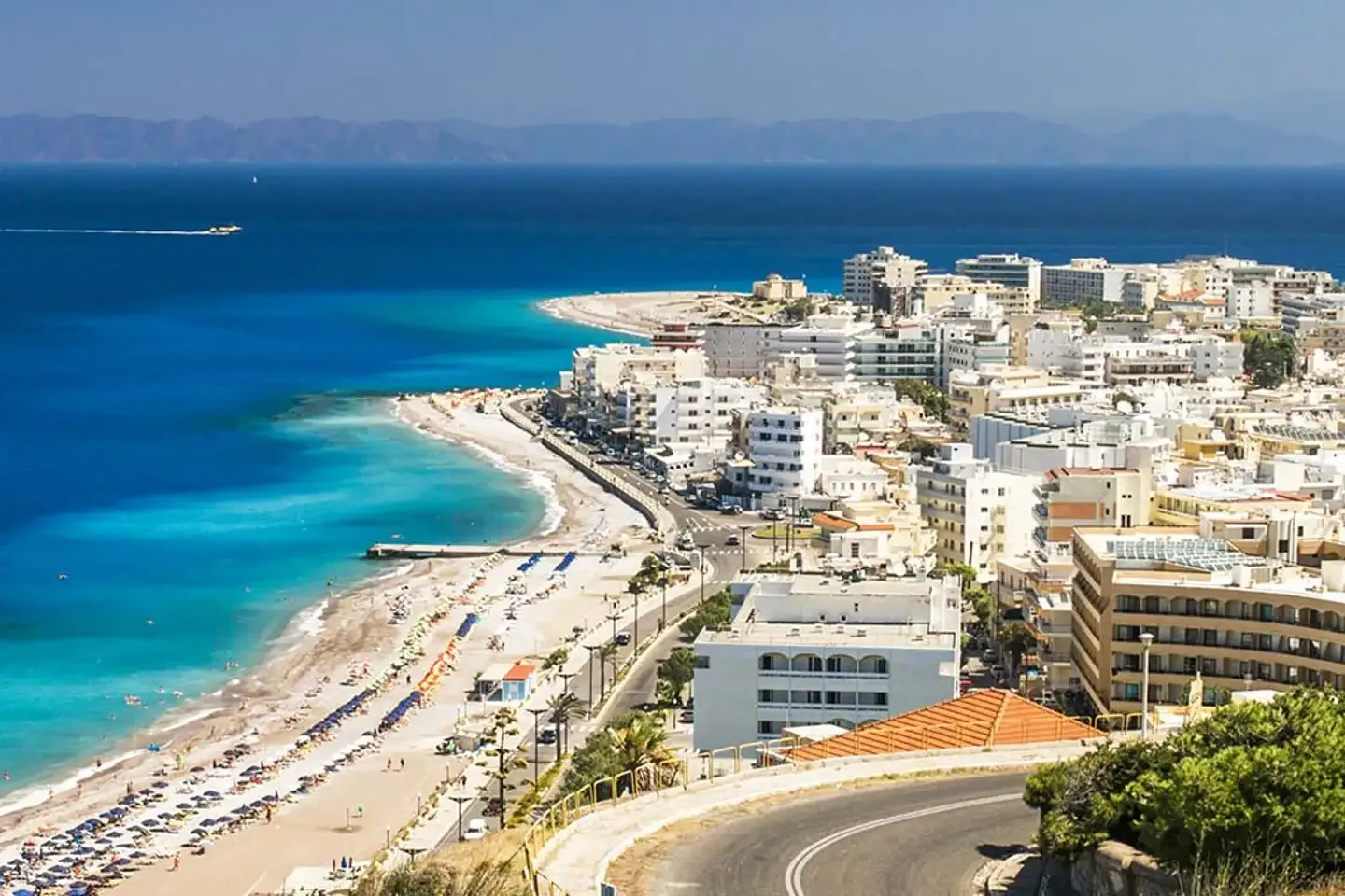Coastal view of Rhodes Town and its beachfront, Greece