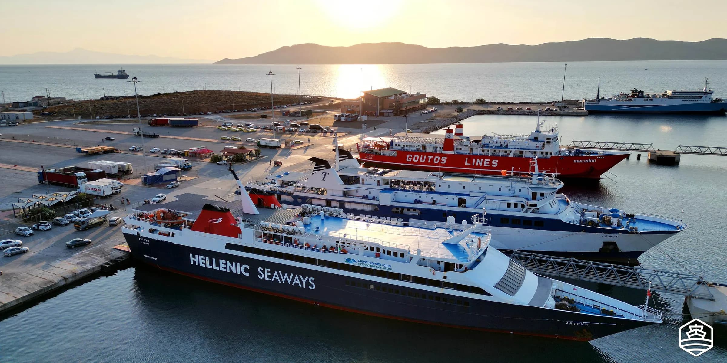 Ferries docked at the Port of Lavrio at sunset, Greece